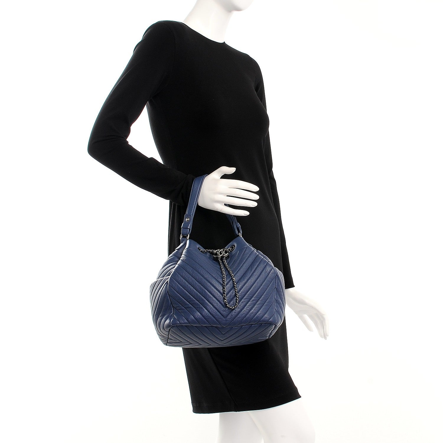 Chanel Deerskin Chevron Medium CC Chain Bucket Drawstring Bag Navy Blue 3 of 10