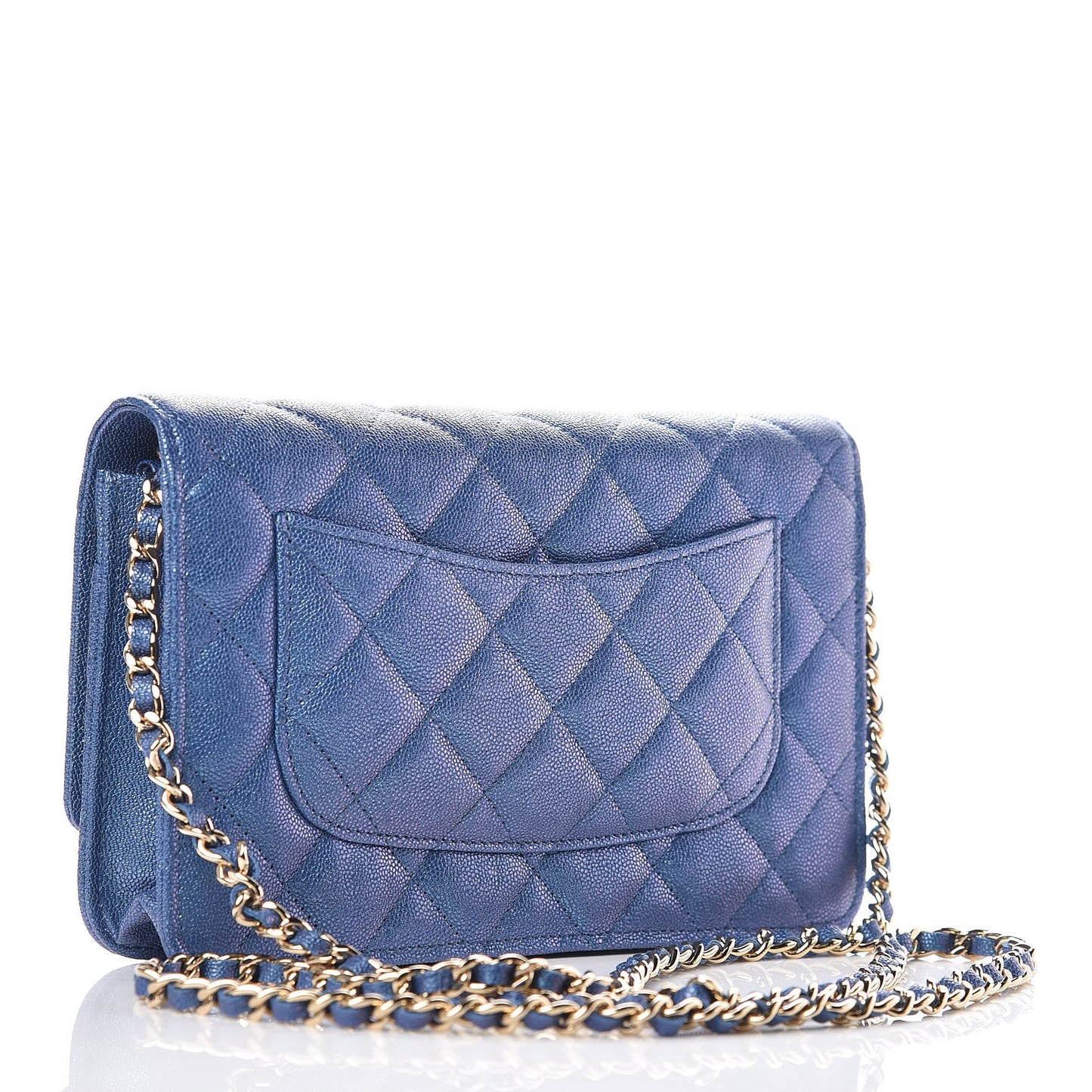 Iridescent Caviar Quilted Wallet On Chain WOC Dark Blue