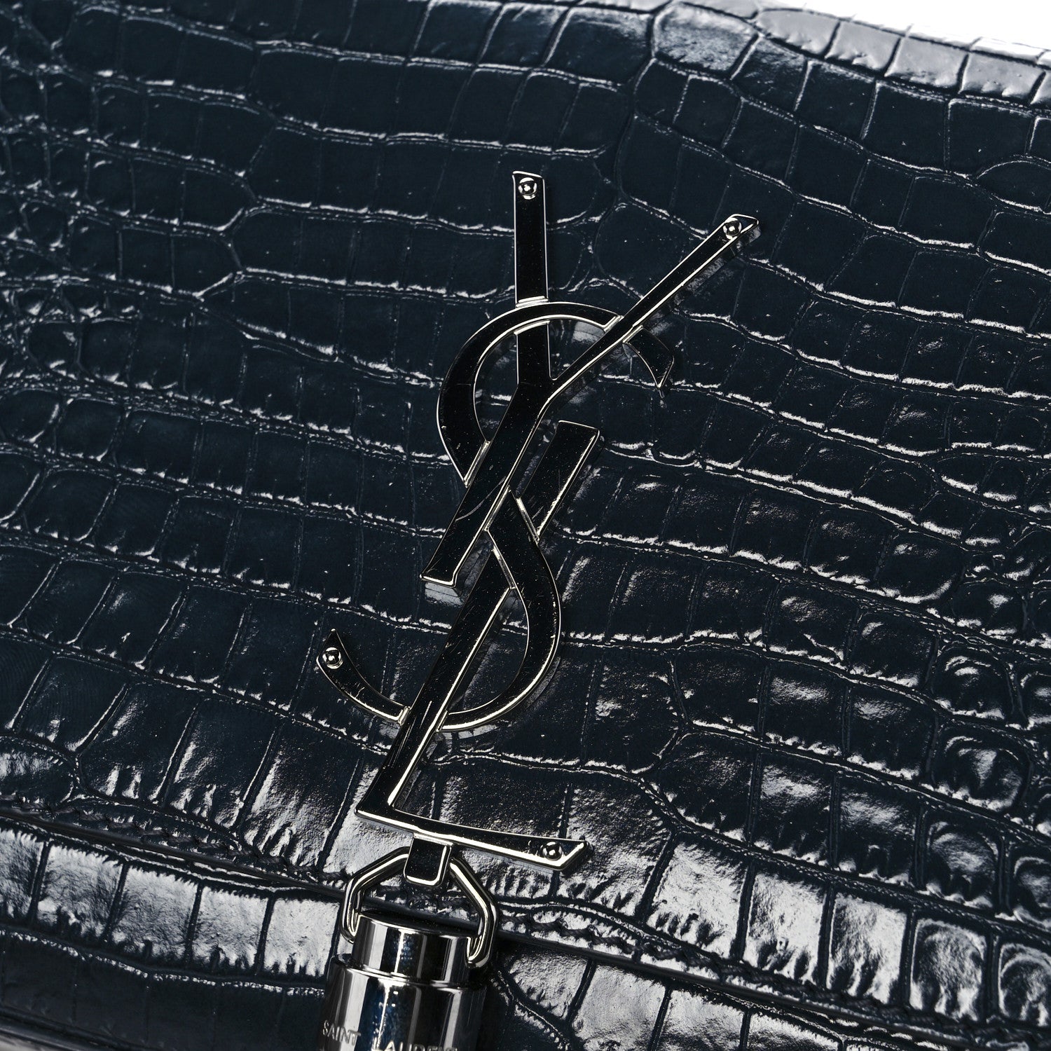 Saint Laurent Calfskin Crocodile Embossed Small Classic Monogram Kate Tassel Satchel Navy 10 of 10