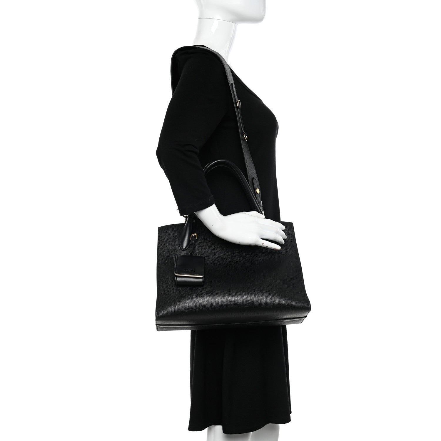 Prada Saffiano Cuir Calfskin Medium Monochrome Top Handle Tote Black 2 of 9