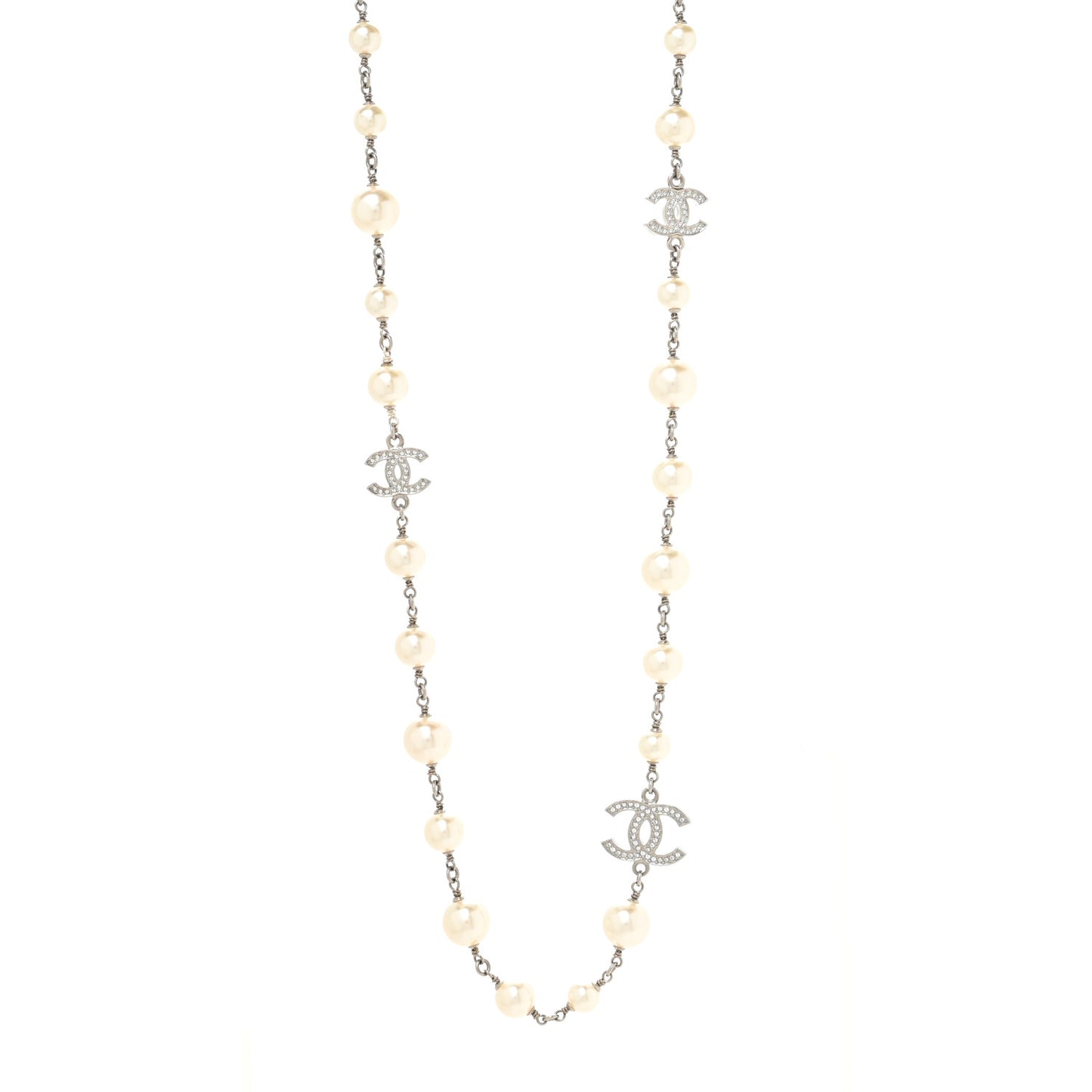 Graduated Pearl Crystal CC Long Necklace Silver