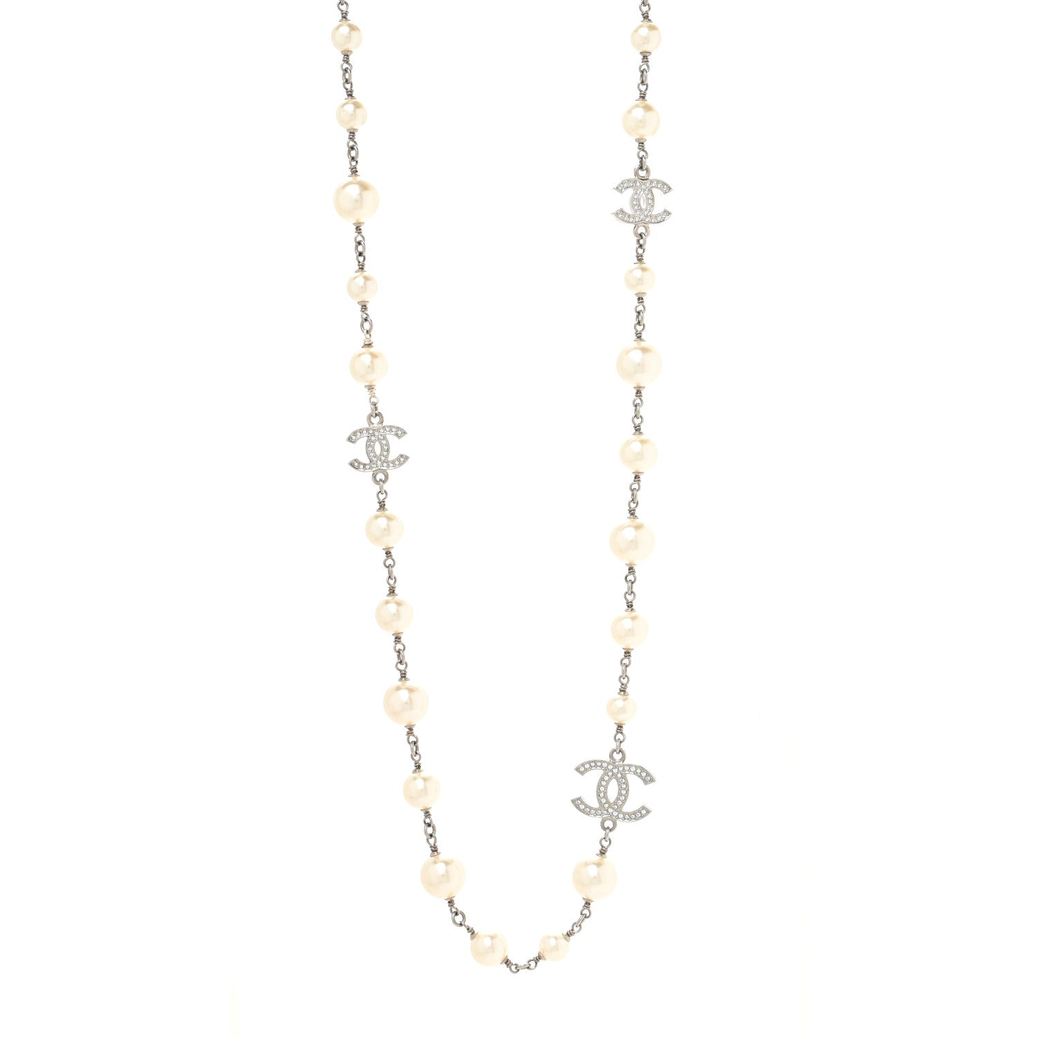 Chanel Graduated Pearl Crystal CC Long Necklace Silver 1 of 3