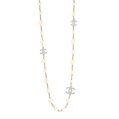 Chanel Graduated Pearl Crystal CC Long Necklace Silver 1 of 3