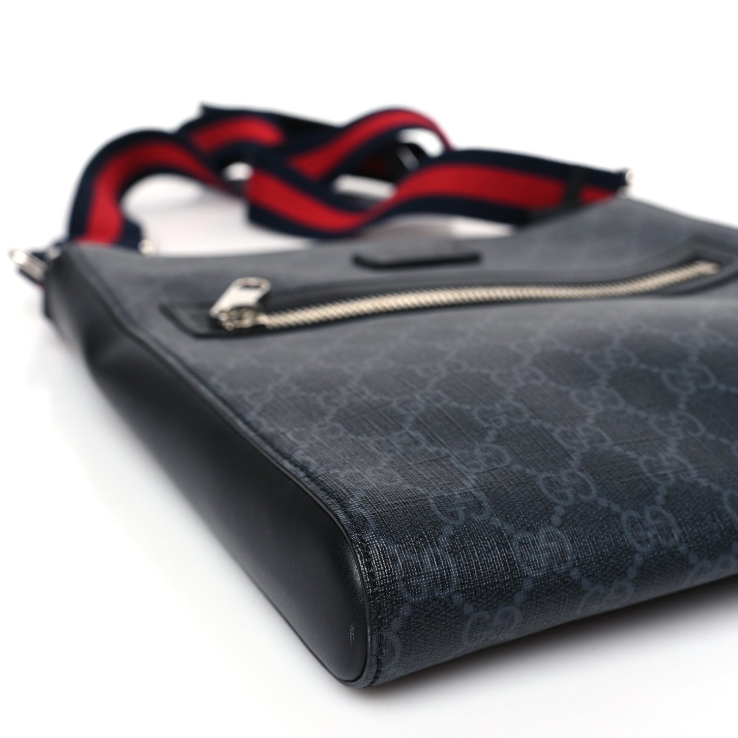 Gucci GG Supreme Monogram Appia Calfskin Web Flat Messenger Bag Black Grey 8 of 9