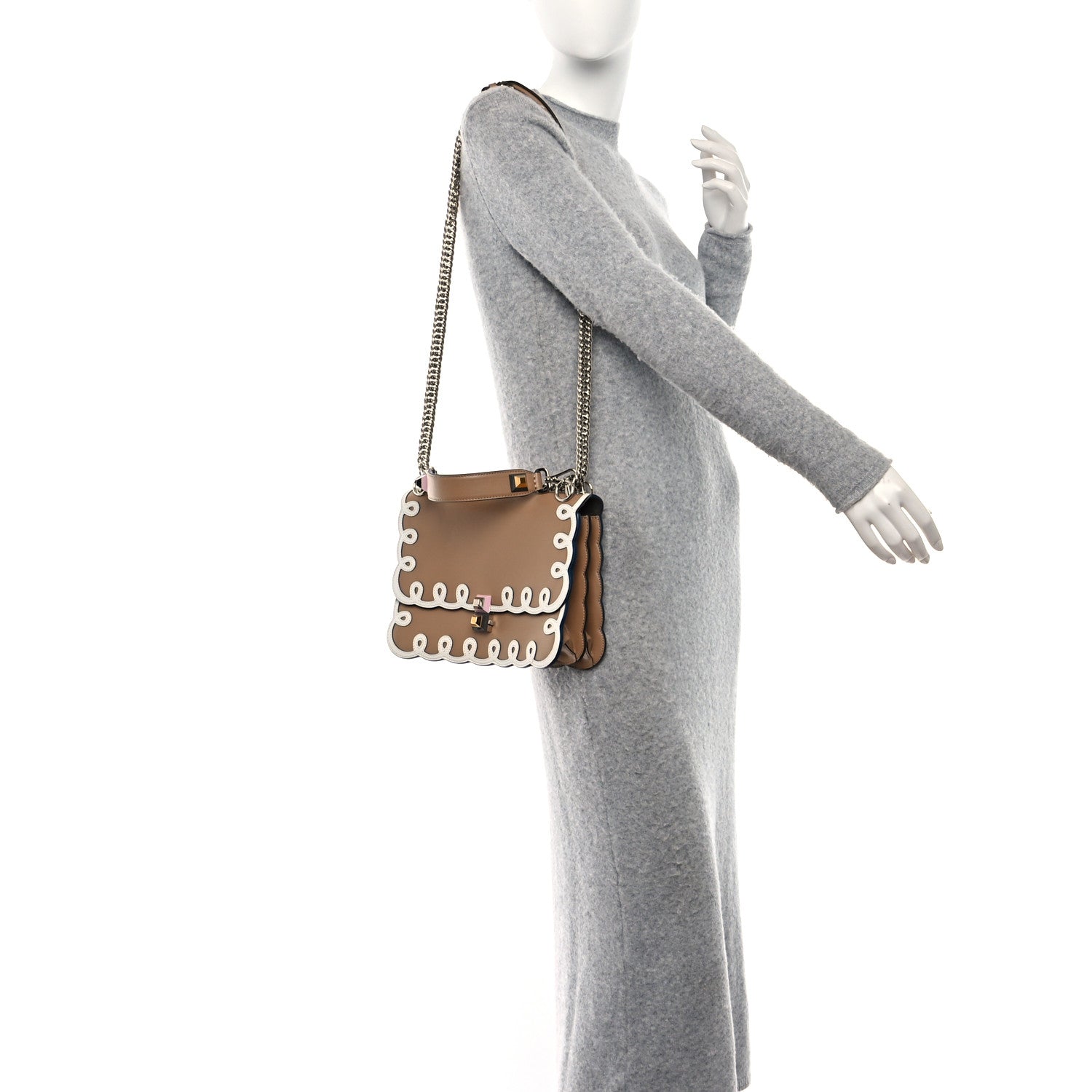 Fendi Vitello Liberty Dolce Scalloped Studded Scrollwork Kan I Shoulder Bag Cuoio White 3 of 8