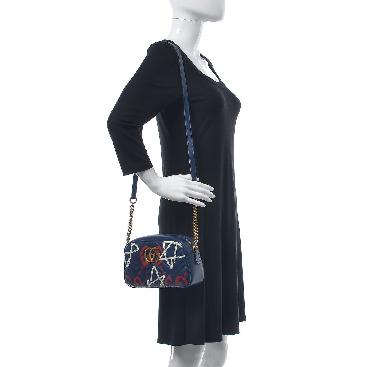 Calfskin Matelasse GucciGhost Small GG Marmont Chain Shoulder Bag Blue Agata Hibiscus Red