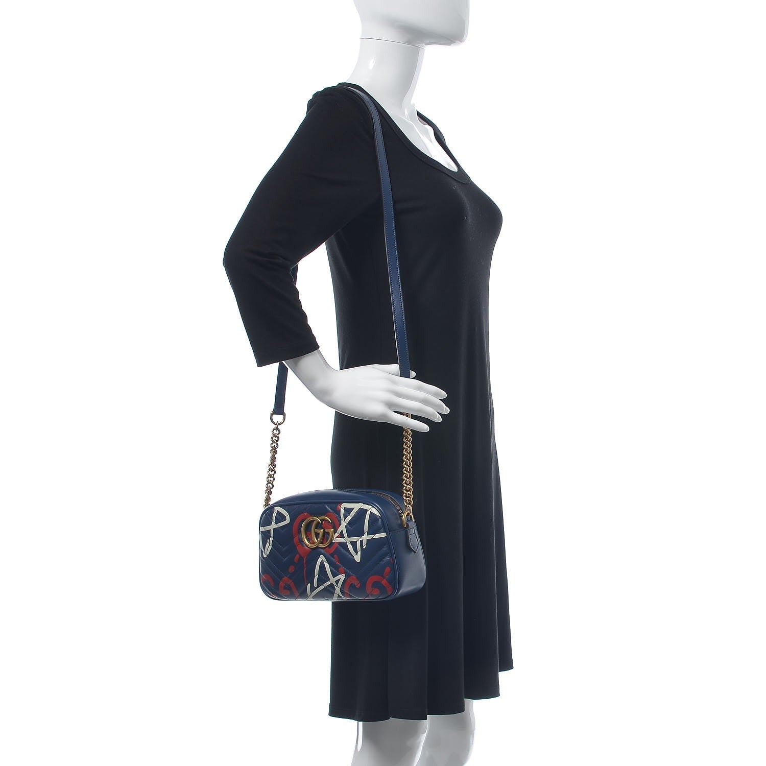 Gucci Calfskin Matelasse GucciGhost Small GG Marmont Chain Shoulder Bag Blue Agata Hibiscus Red 2 of 8