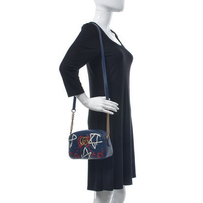 Gucci Calfskin Matelasse GucciGhost Small GG Marmont Chain Shoulder Bag Blue Agata Hibiscus Red 2 of 8