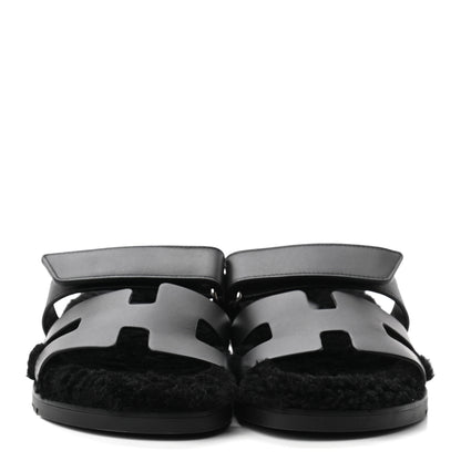 Hermes Calfskin Woolskin Womens Chypre Sandals 36 Black 2 of 8