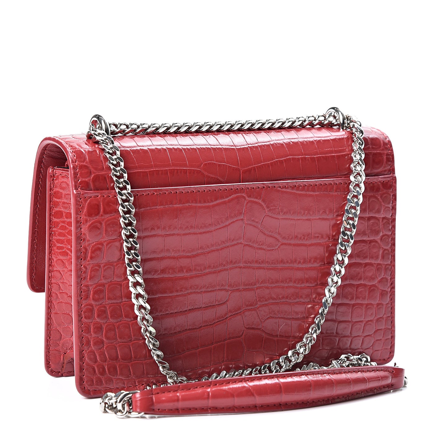 Calfskin Crocodile Embossed Monogram Sunset Chain Wallet New Lipstick Red