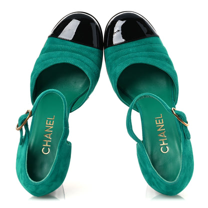 Chanel Suede Kidskin Patent Calfskin CC Platform Pumps 38.5 Green Black 2 of 11