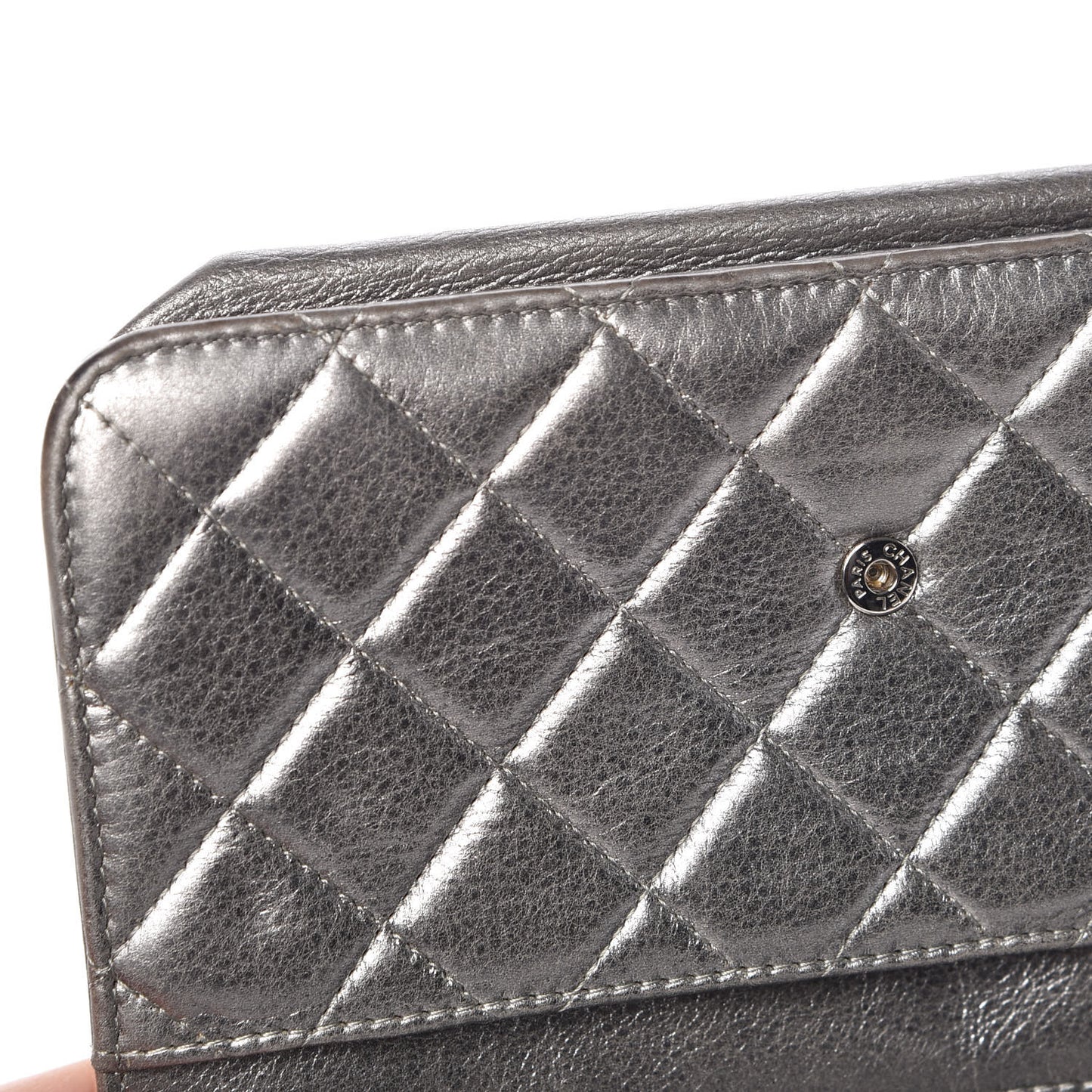 Metallic Calfskin Quilted Boy Wallet On Chain WOC Silver