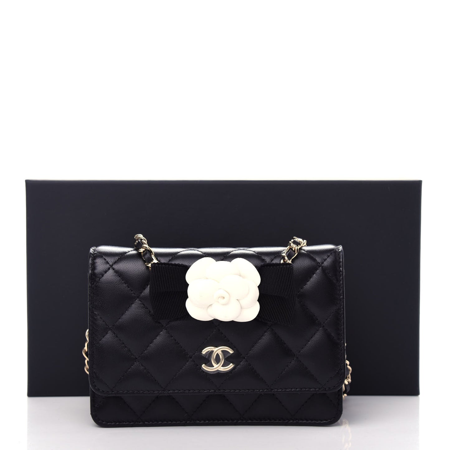 Lambskin Quilted Mini Camellia Bow Wallet On Chain WOC Black