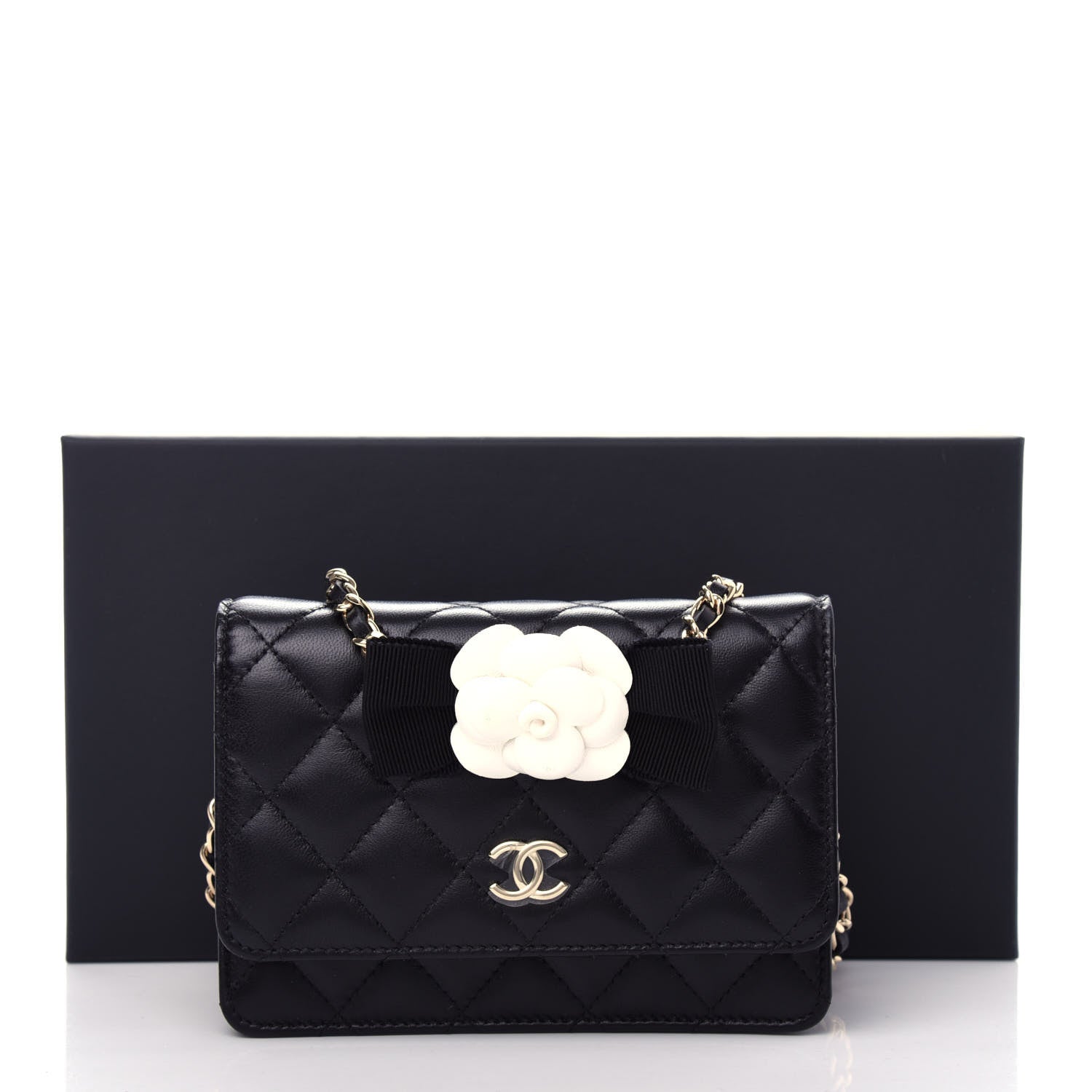 Chanel Lambskin Quilted Mini Camellia Bow Wallet On Chain WOC Black 20 of 20