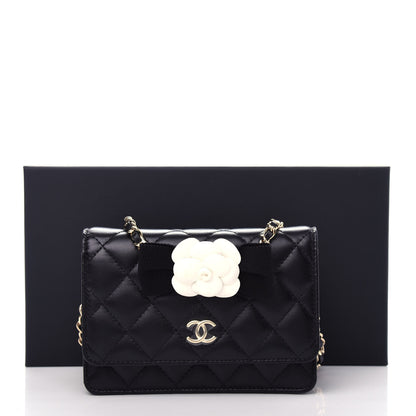 Chanel Lambskin Quilted Mini Camellia Bow Wallet On Chain WOC Black 20 of 20