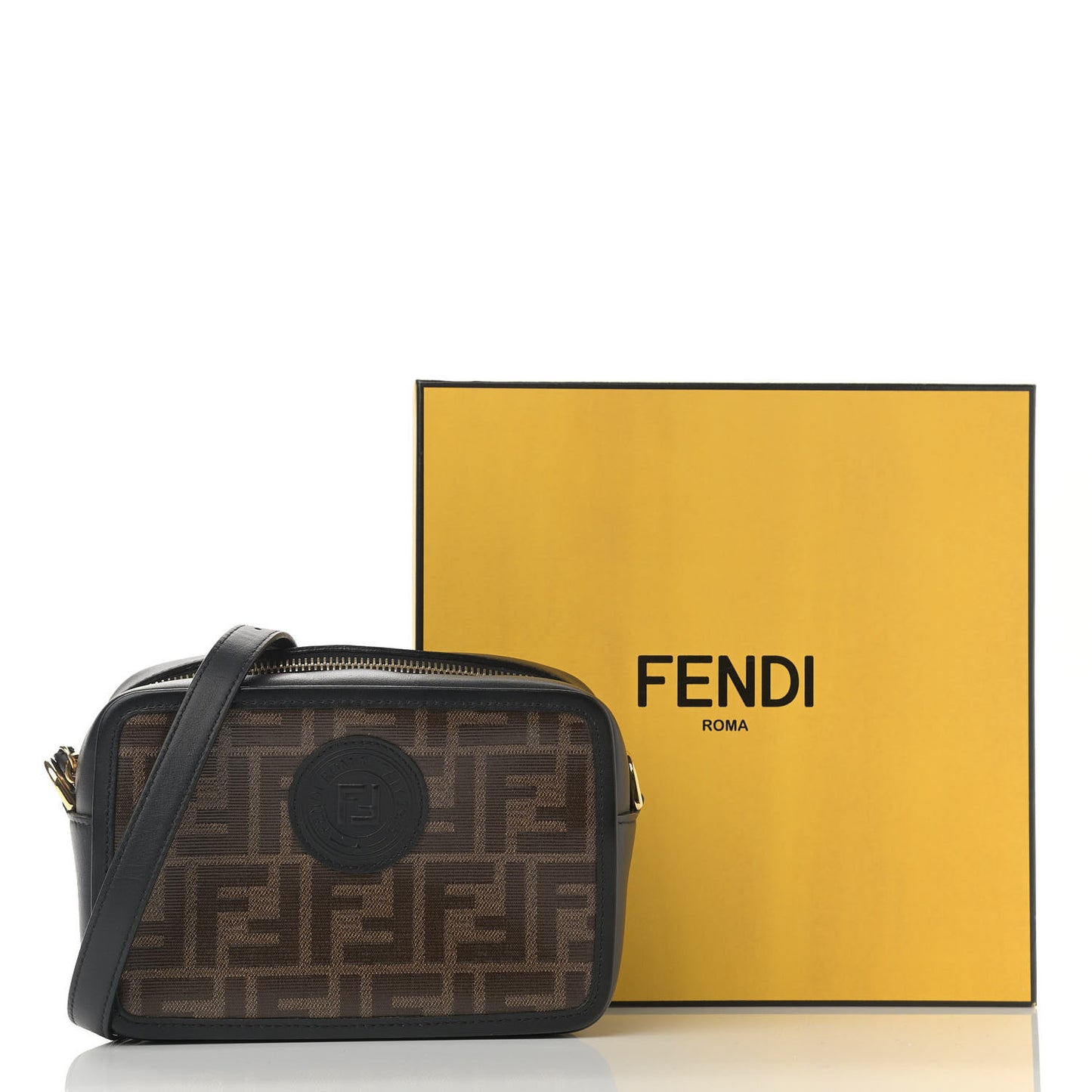 Glazed Fabric Vitello Century FF 1974 Stamp Patch Mini Camera Case Mogano Panna Black