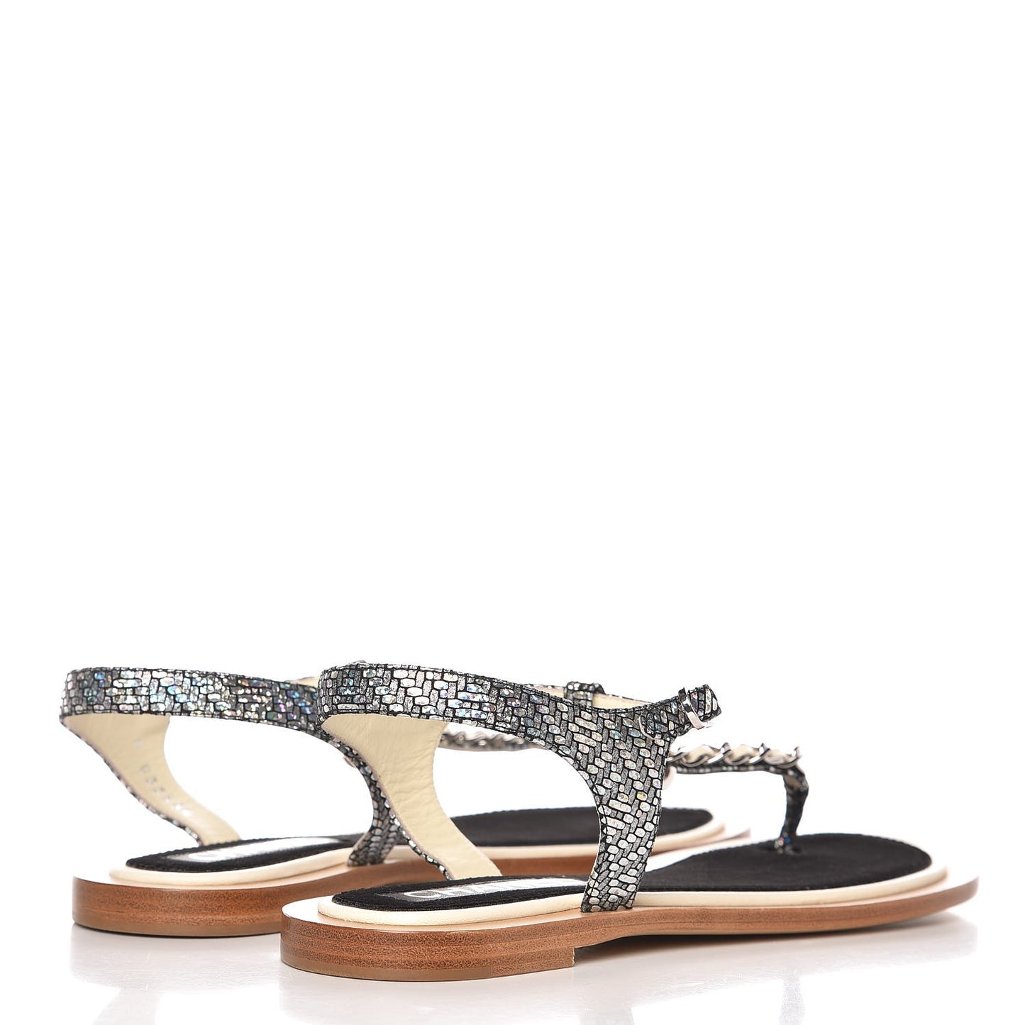 Fantasy Goatskin Suede CC Chain Thong Sandals 39 Silver Ivory