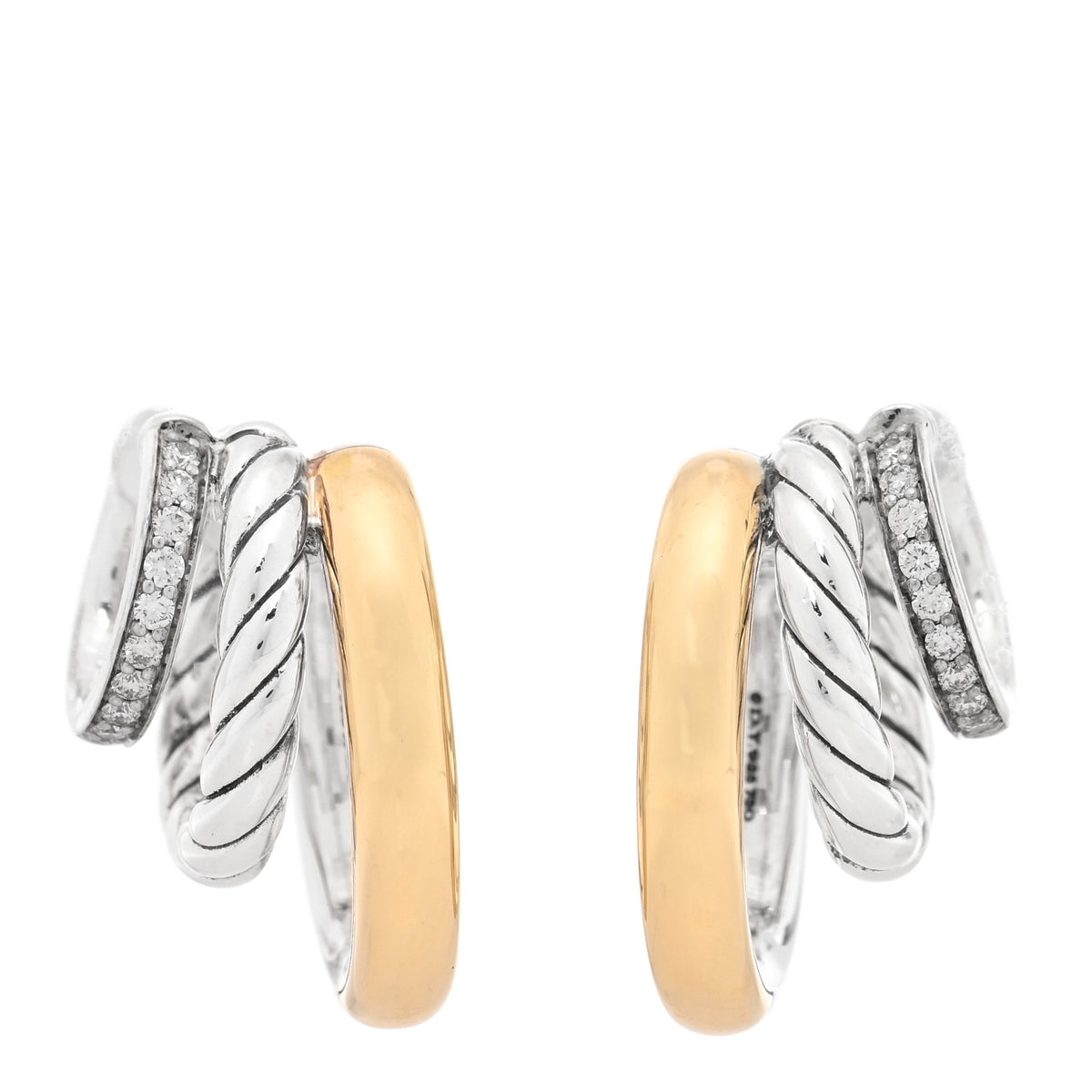 18K Yellow Gold Sterling Silver Diamond Mercer Three Row Hoop Earrings