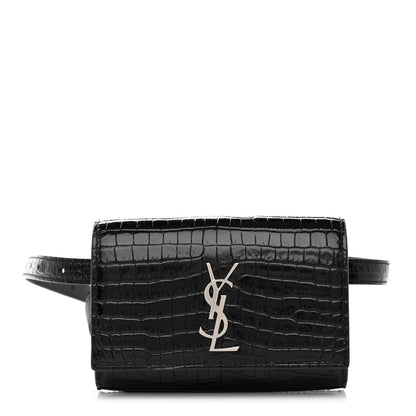Saint Laurent Calfskin Crocodile Embossed Monogram Kate Belt Bag Black 1 of 9