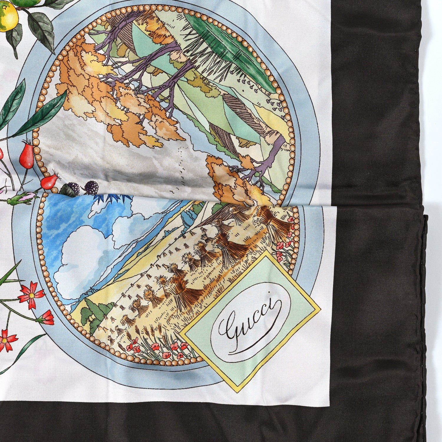 Gucci Wool Silk Floral Web Square Scarf Ivory Brown 2 of 3