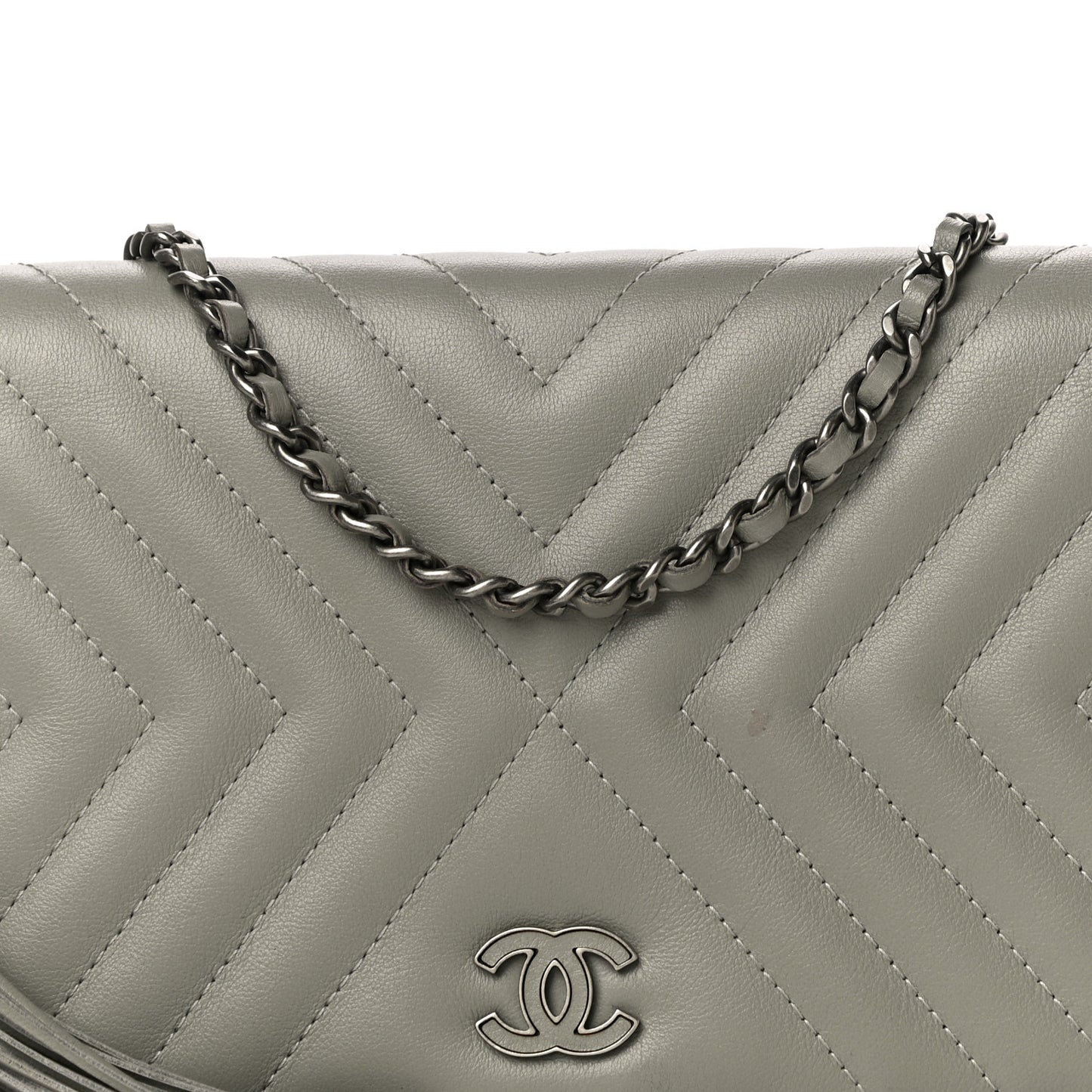 Calfskin Diagonal Chevron Quilted Tassel Wallet On Chain WOC Grey