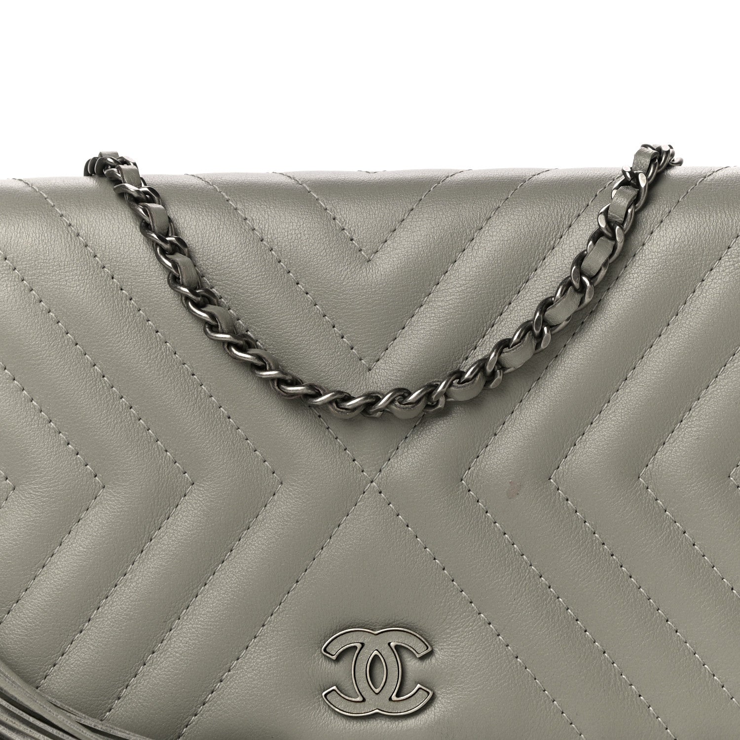 Chanel Calfskin Diagonal Chevron Quilted Tassel Wallet On Chain WOC Grey 9 of 12