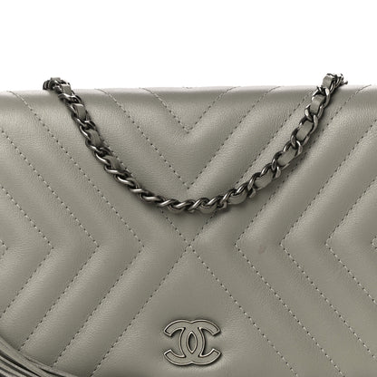 Chanel Calfskin Diagonal Chevron Quilted Tassel Wallet On Chain WOC Grey 9 of 12