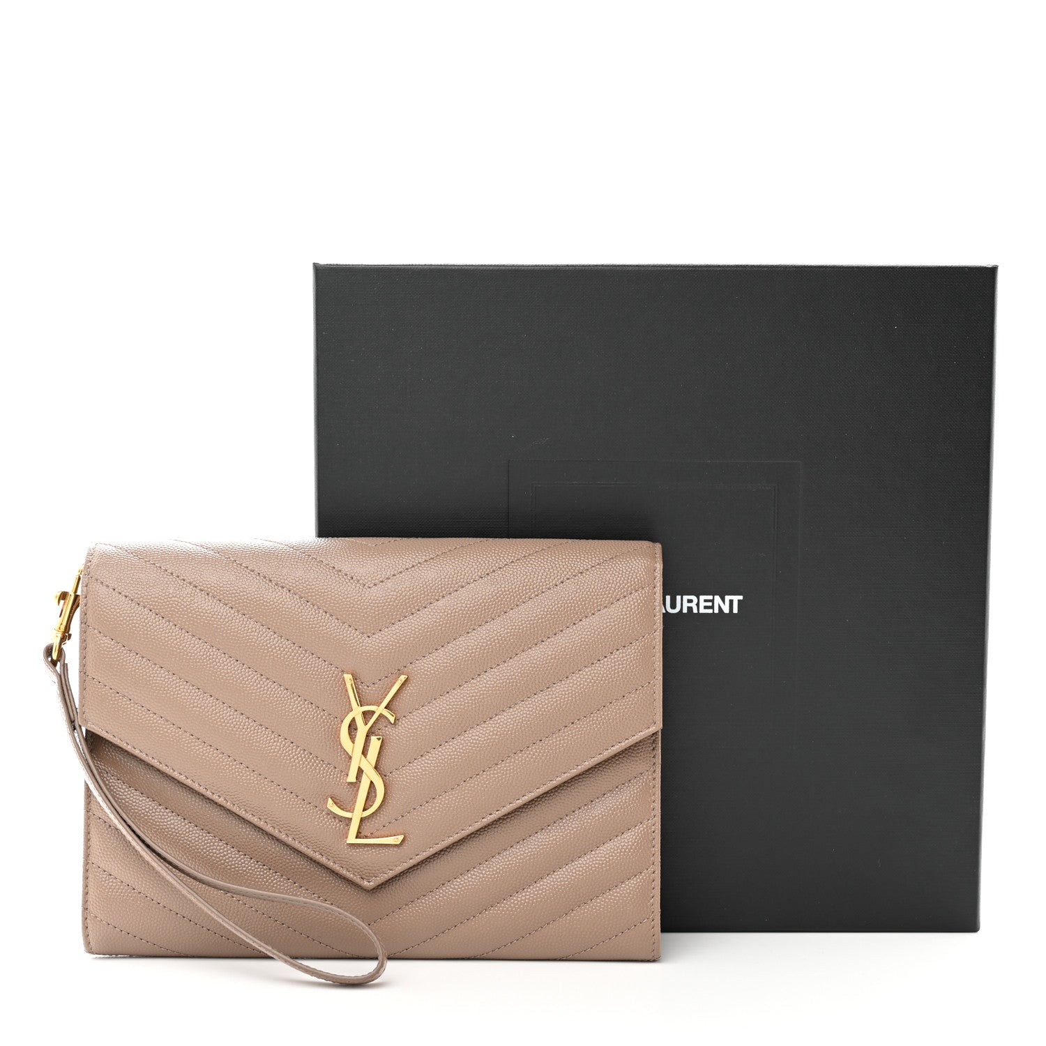 Saint Laurent Grain De Poudre Matelasse Chevron Monogram Envelope Clutch Dark Beige 8 of 8