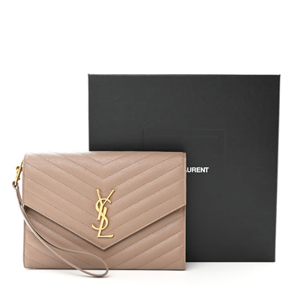 Saint Laurent Grain De Poudre Matelasse Chevron Monogram Envelope Clutch Dark Beige 8 of 8