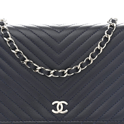 Chanel Caviar Chevron Quilted Wallet On Chain WOC Navy 9 of 12