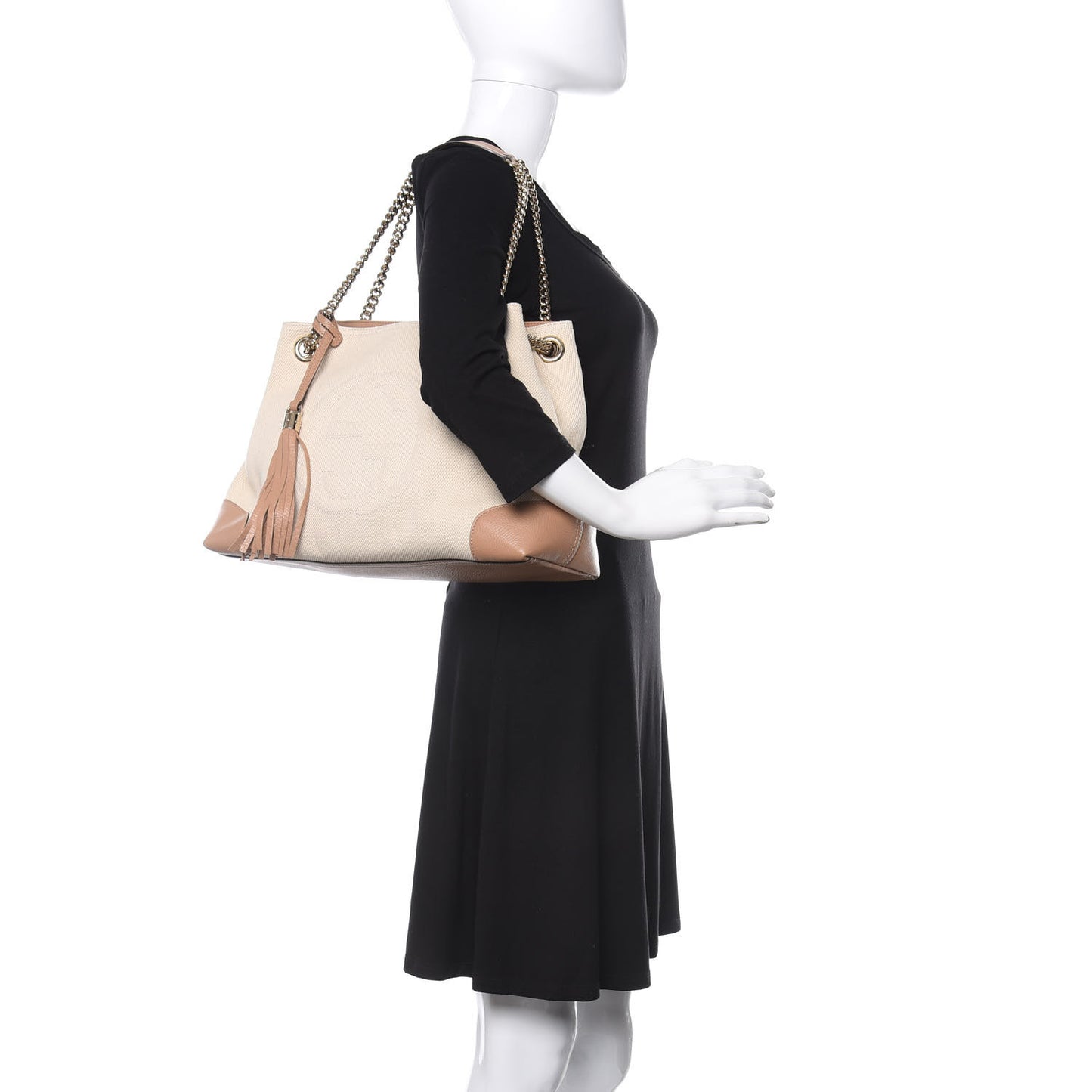 Linen Canvas Pebbled Calfskin Medium Soho Chain Shoulder Bag White Camelia