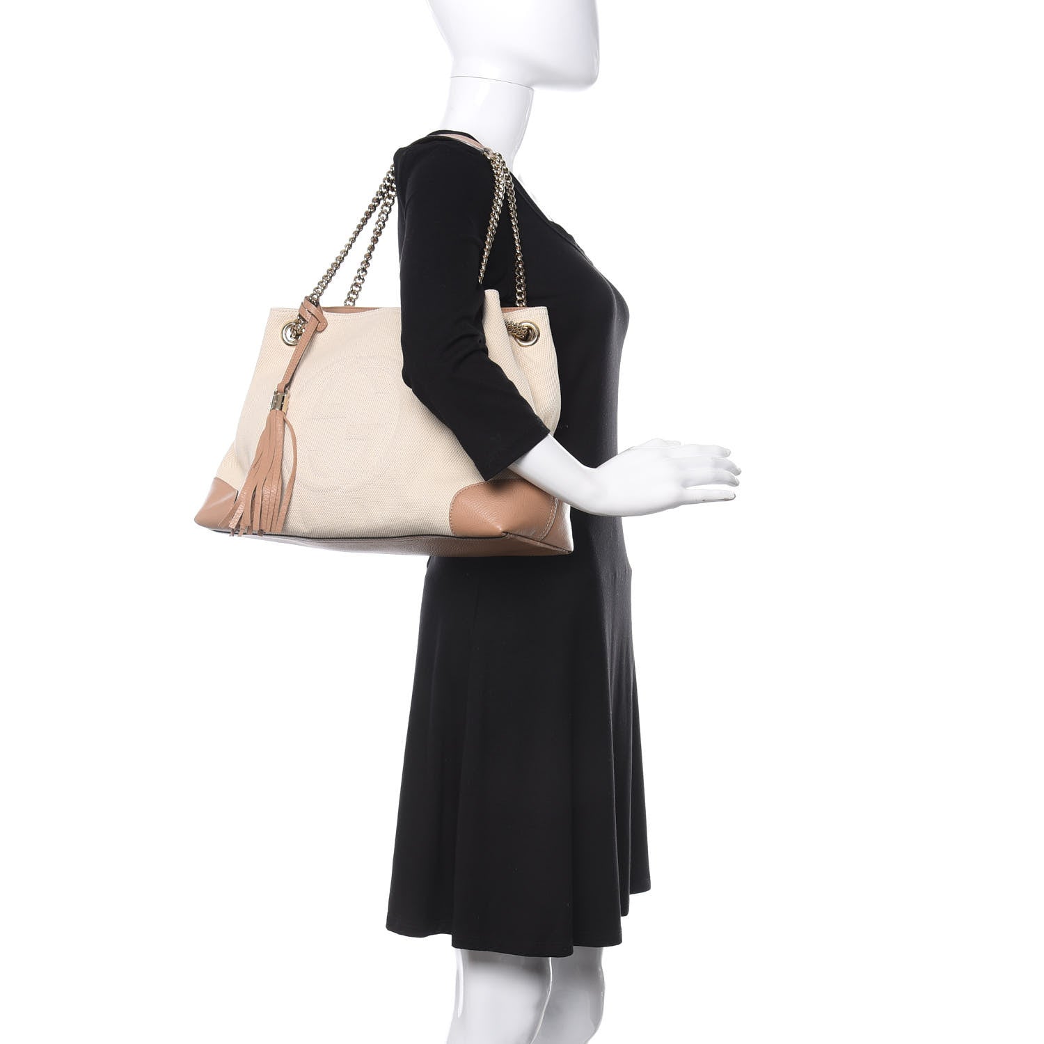 Gucci Linen Canvas Pebbled Calfskin Medium Soho Chain Shoulder Bag White Camelia 2 of 10
