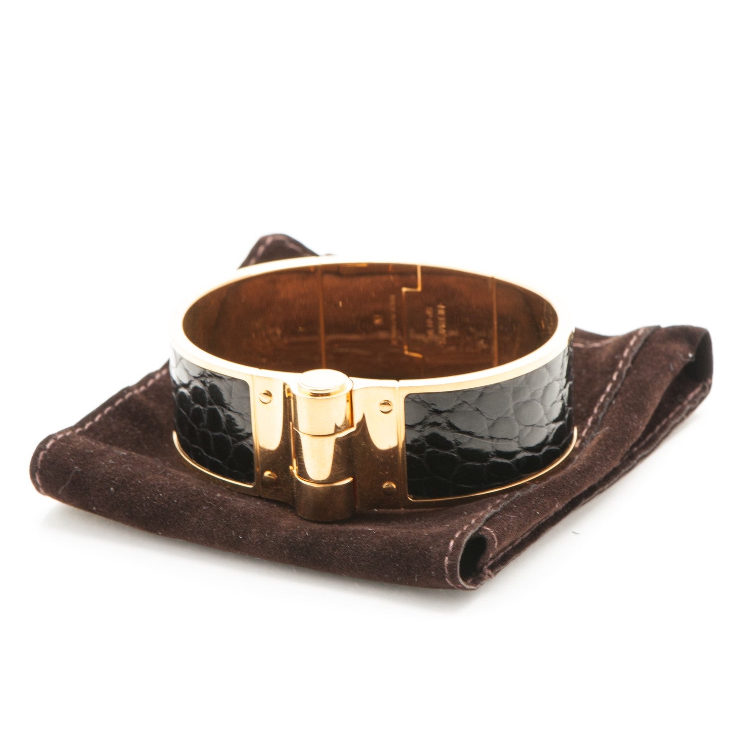 Hermes Shiny Alligator Charniere Cuir Wide Hinged Bracelet S Black 7 of 7