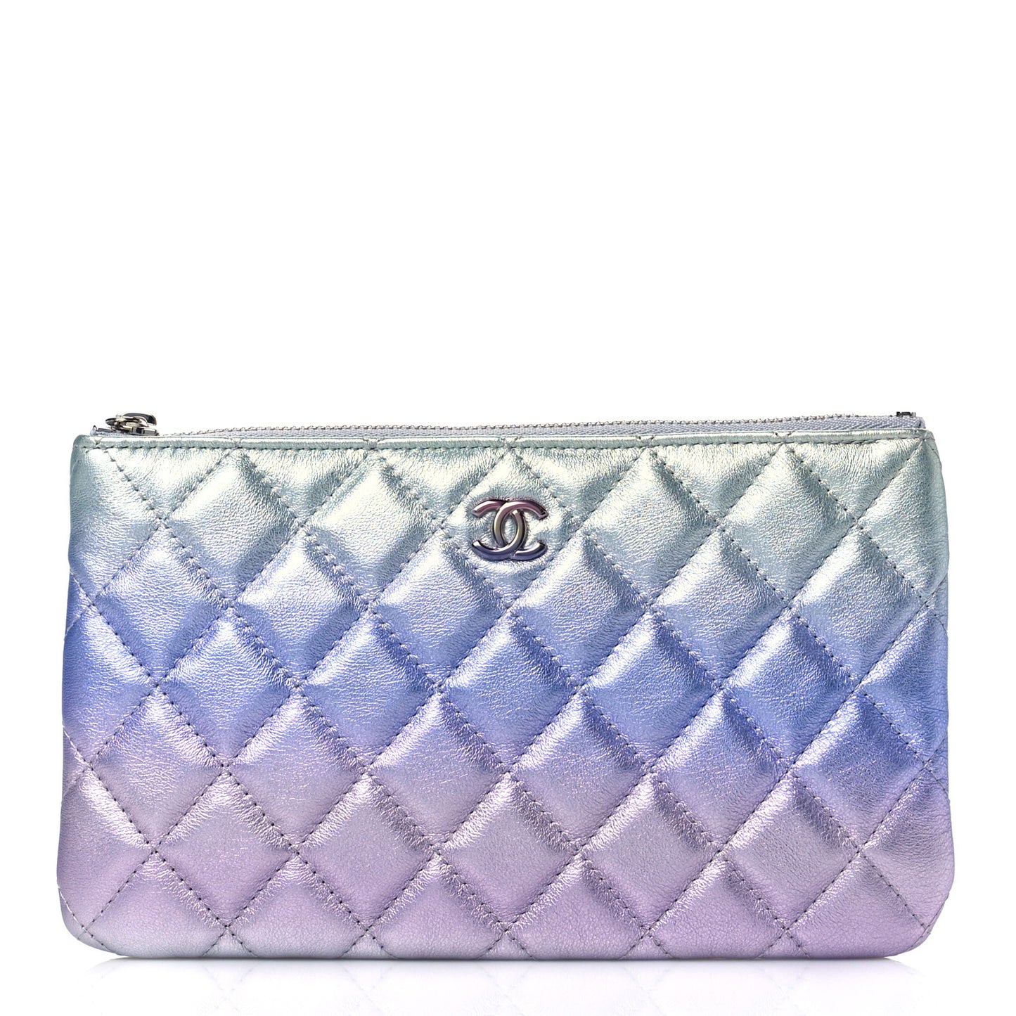 Gradient Metallic Calfskin Quilted Cosmetic Case Silver Blue Yellow Purple