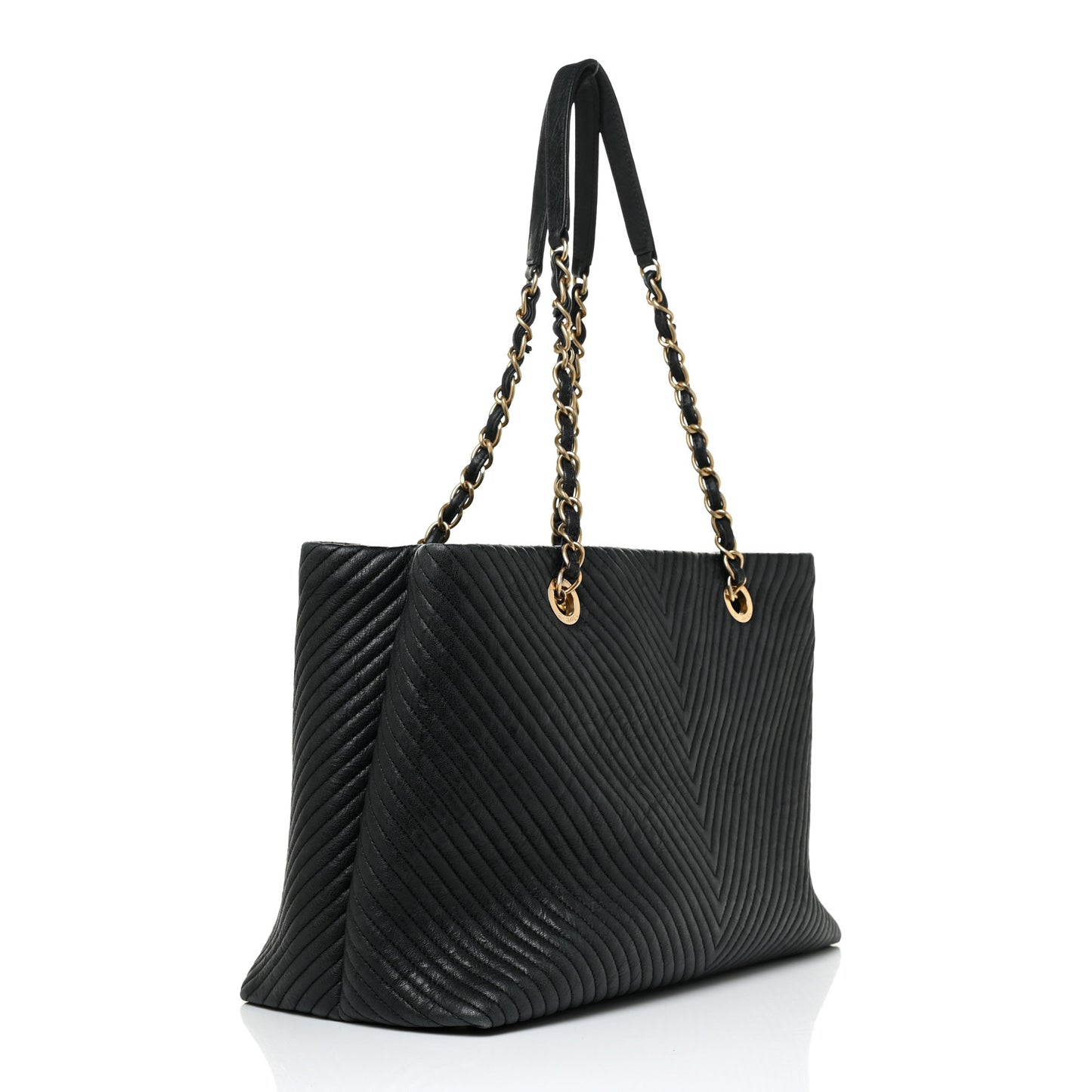 Wrinkled Lambskin Chevron Quilted Large Surpique Tote Black