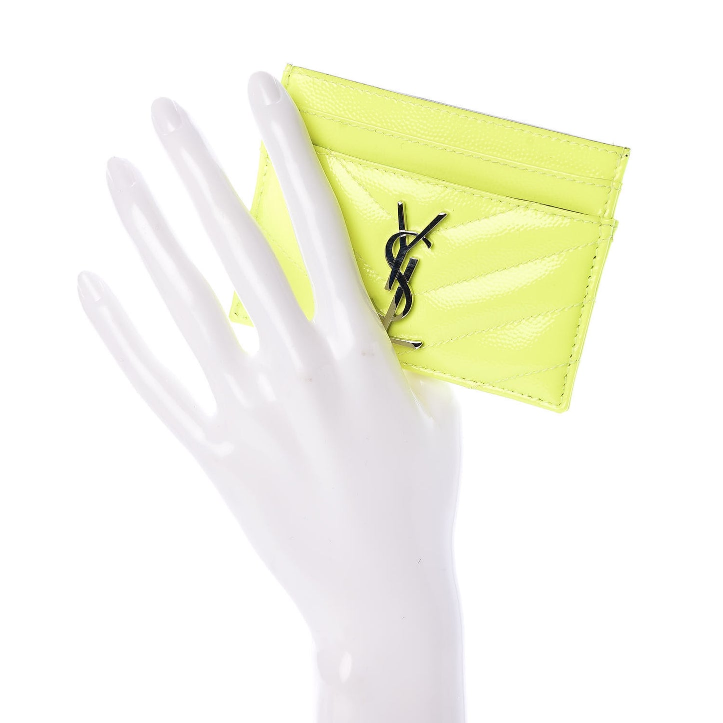 Patent Grain De Poudre Matelasse Chevron Monogram Credit Card Case Neon Yellow