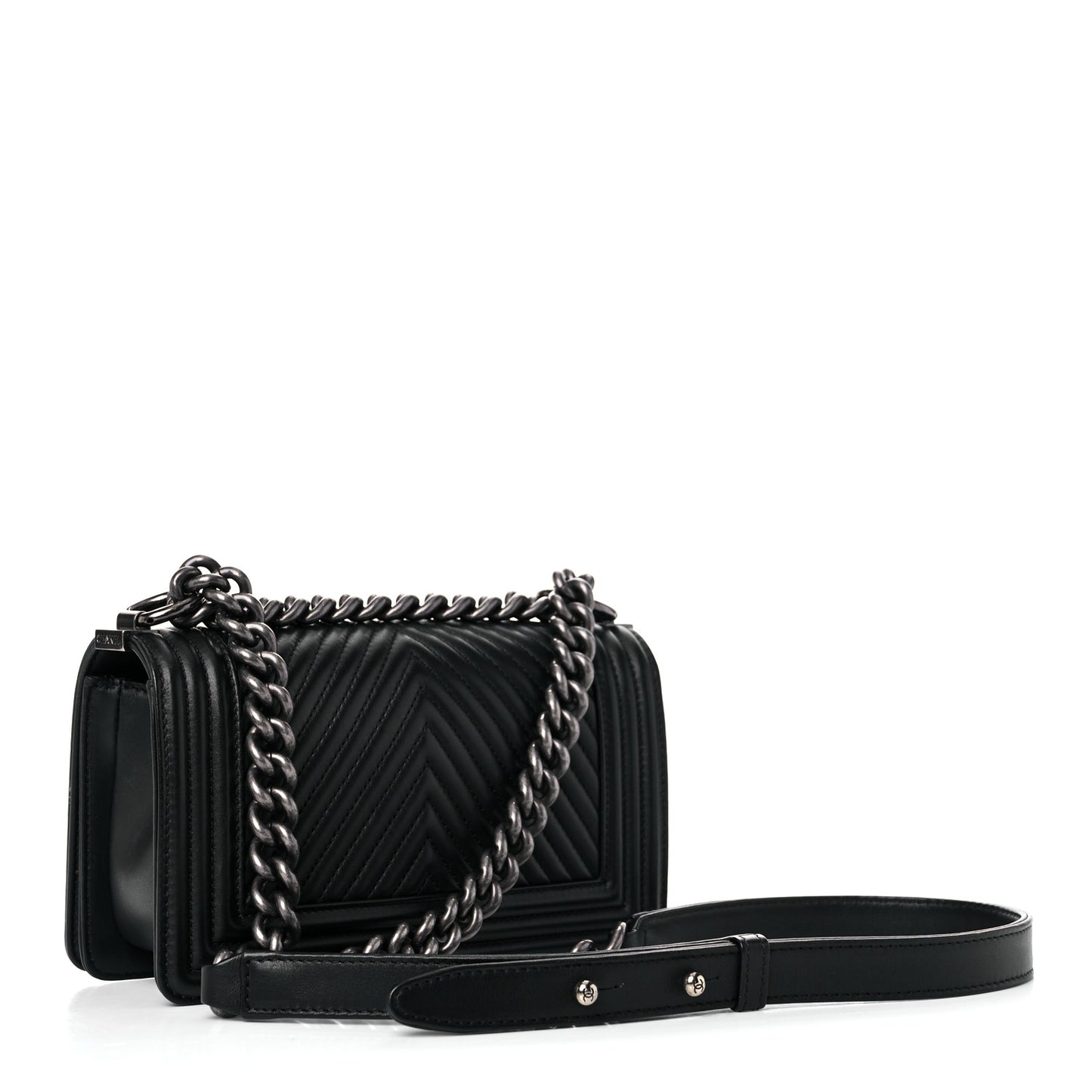 Calfskin Chevron Quilted Small Boy Flap Black