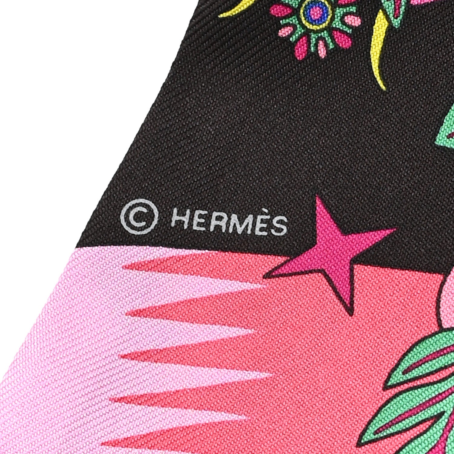 Hermes Silk La Source de Pegase Fringed Twilly Ebene Rose Vif Jaune Vif 3 of 3