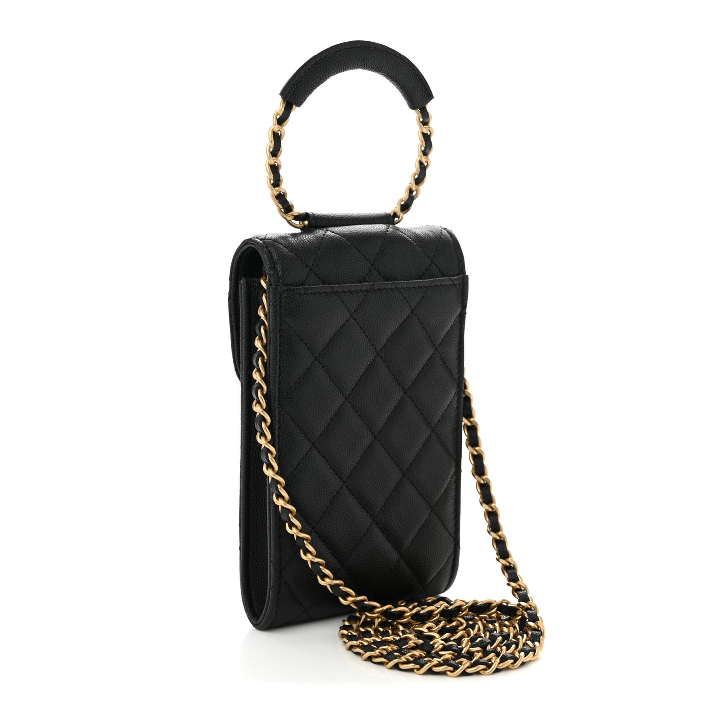 Caviar Quilted Chain Handle Round Phone Holder Black