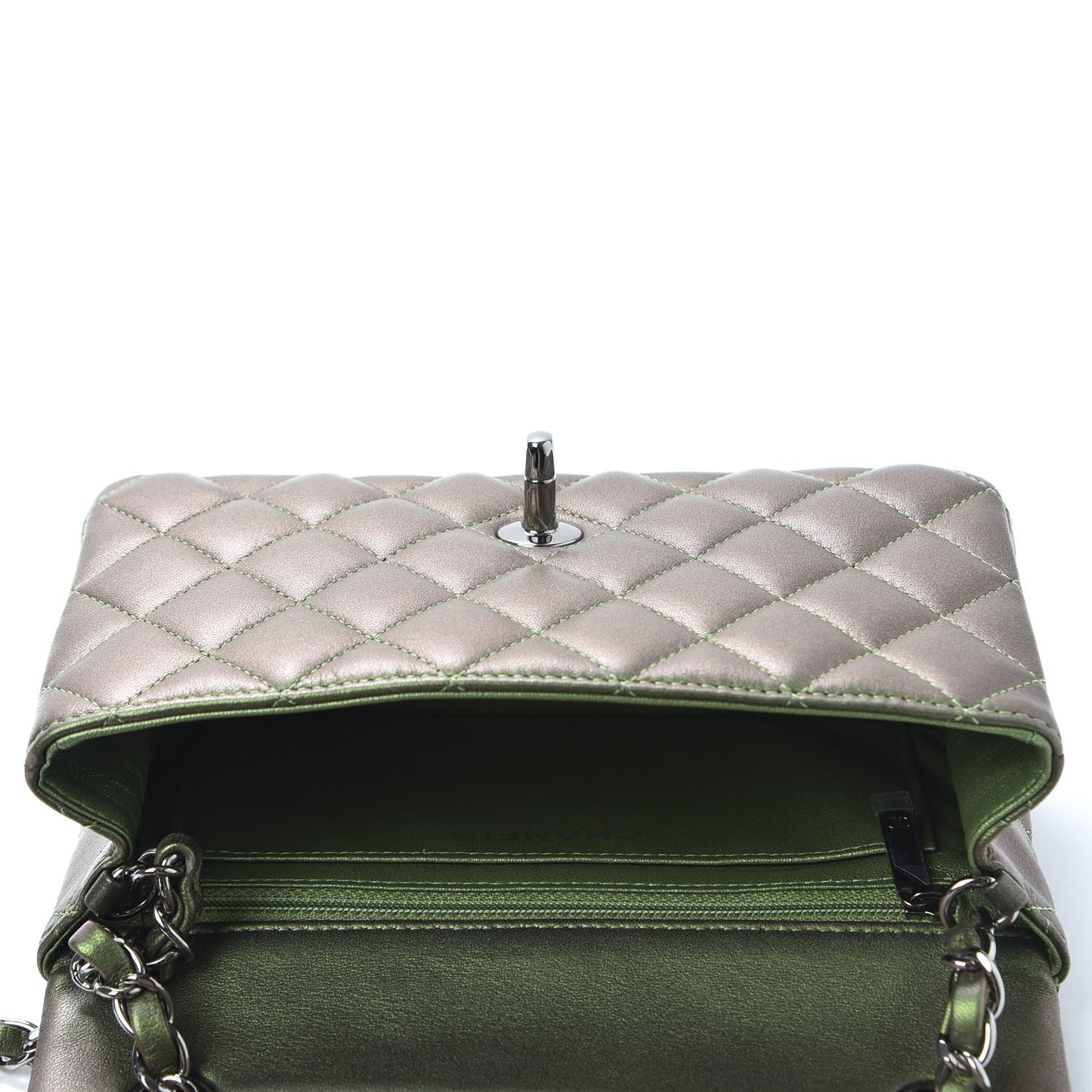 Iridescent Lambskin Quilted Mini Rectangular Flap Green