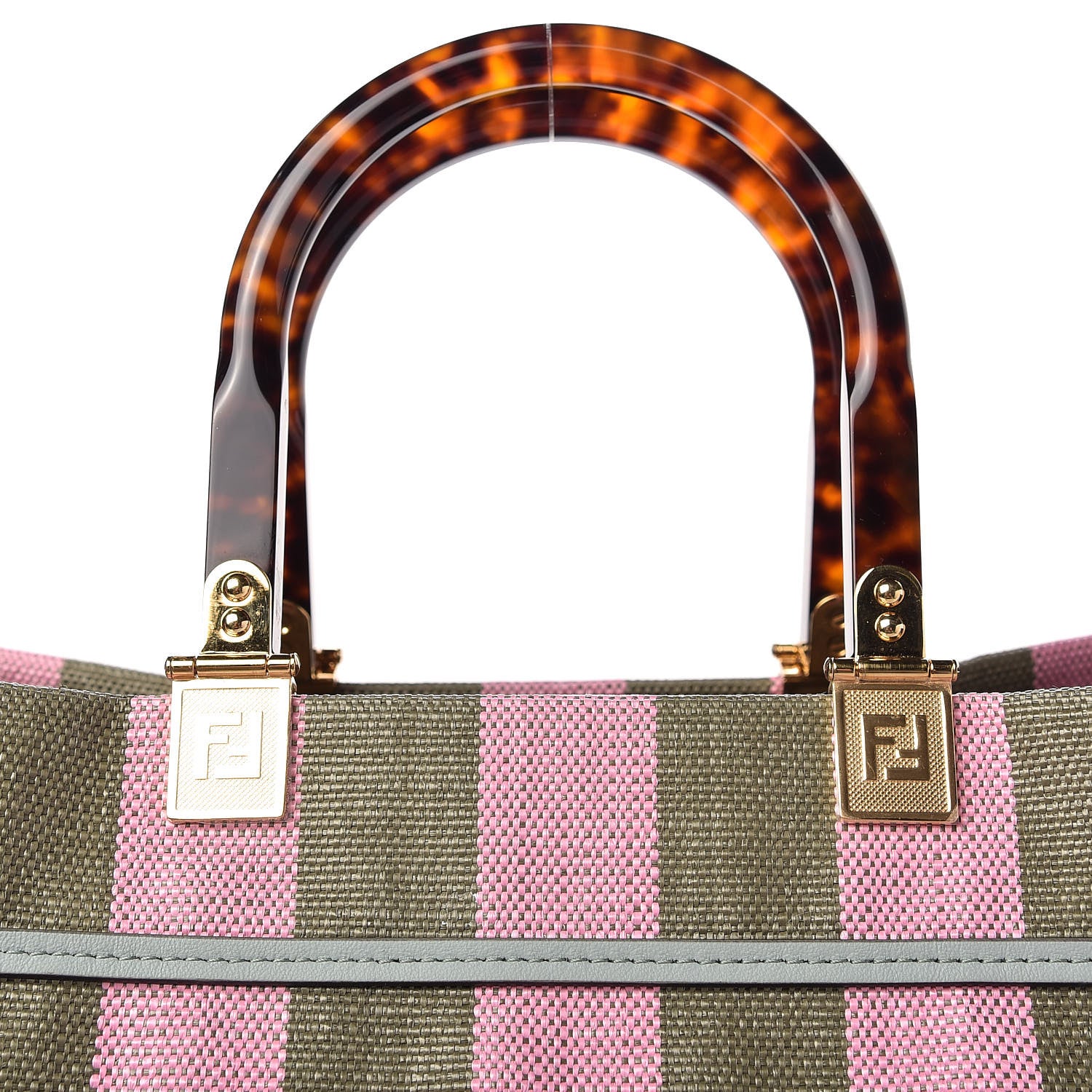 Fendi Raffia Vitello Seta Plexiglass Pequin Gingham Woven Large Fendi Sunshine Shopper Tote Military Rosa 10 of 10