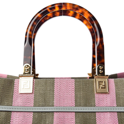 Fendi Raffia Vitello Seta Plexiglass Pequin Gingham Woven Large Fendi Sunshine Shopper Tote Military Rosa 10 of 10