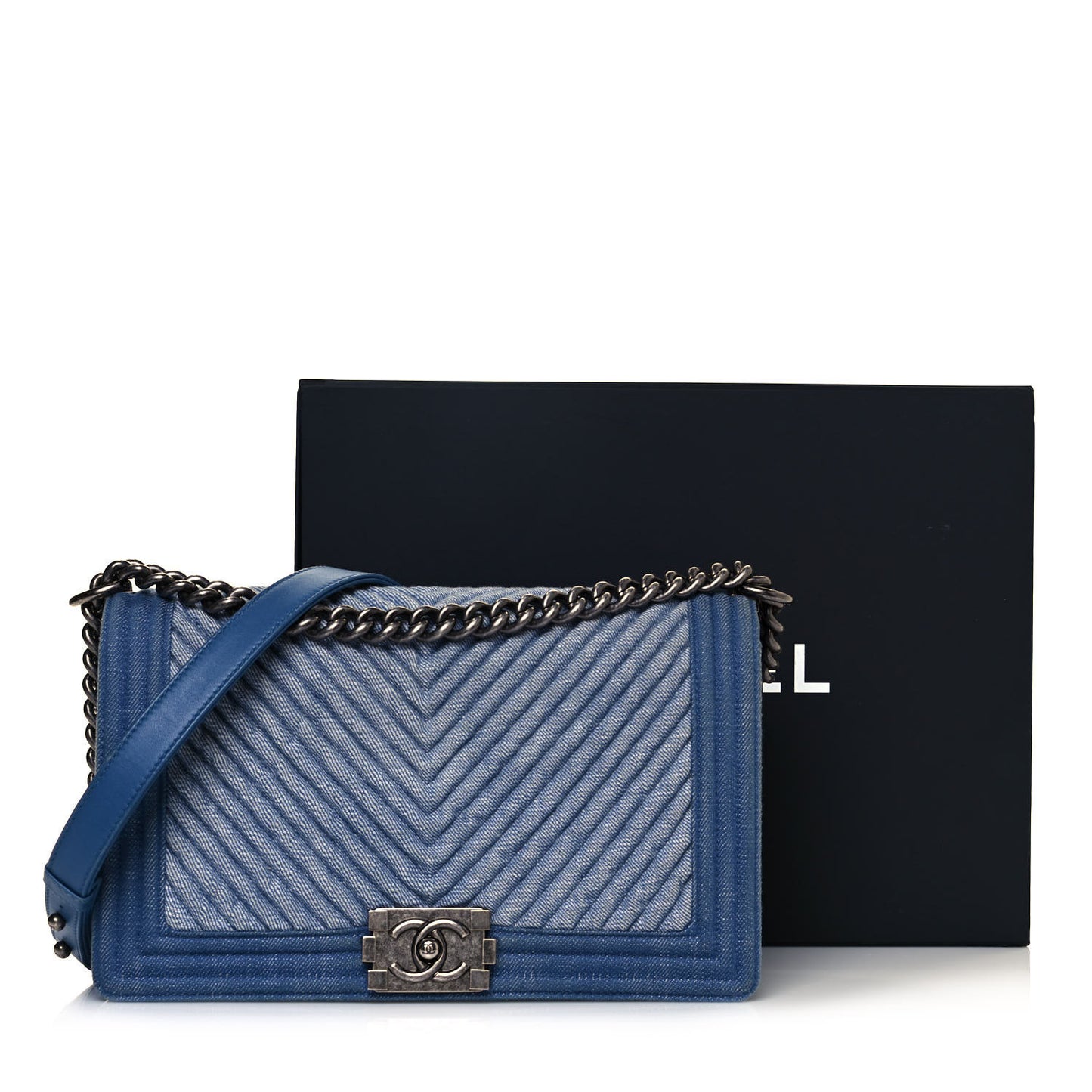 Denim Chevron Quilted Medium Boy Flap Blue