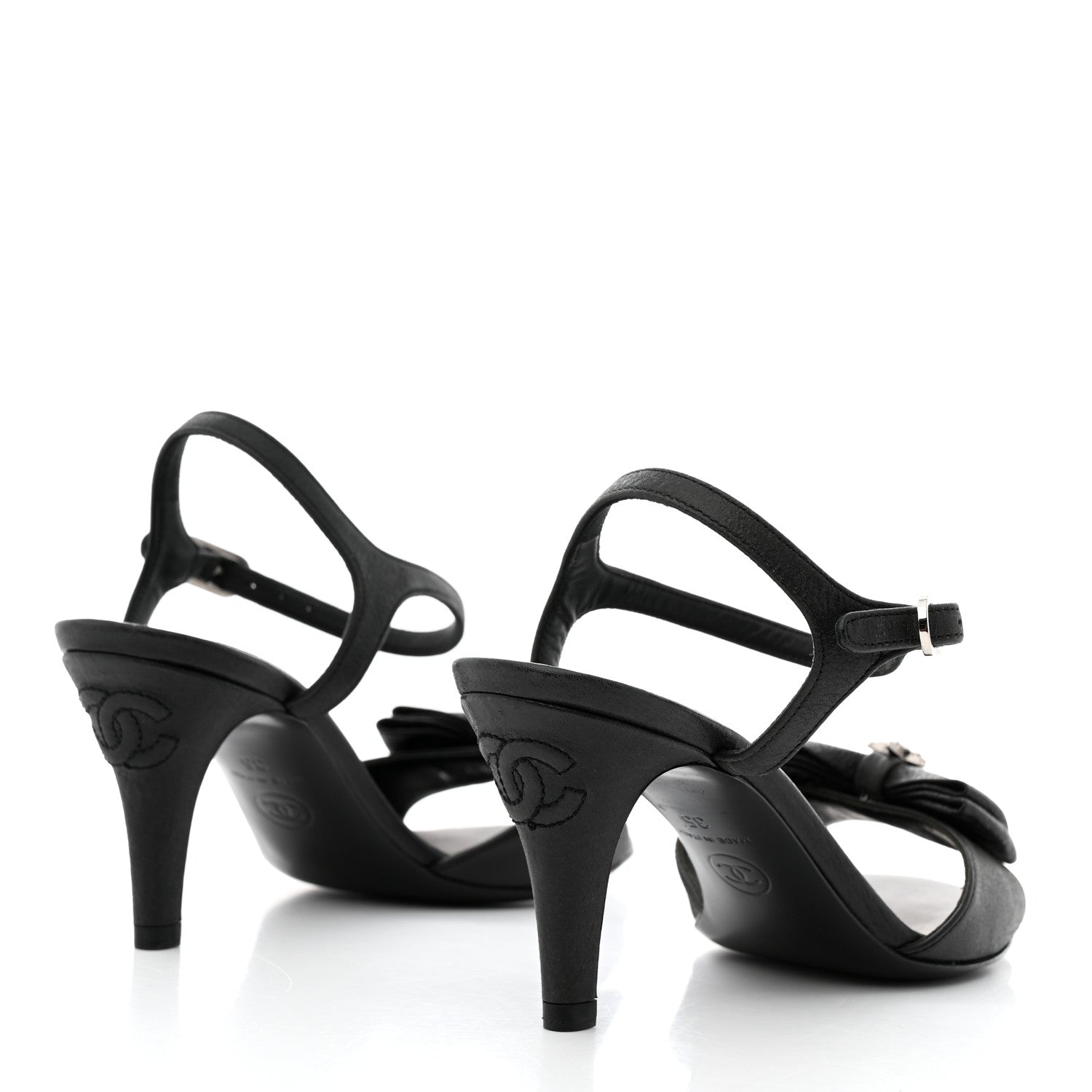 Chanel Crepe Grosgrain Crystal Bow Open Toe Sandals 35 Black 4 of 9