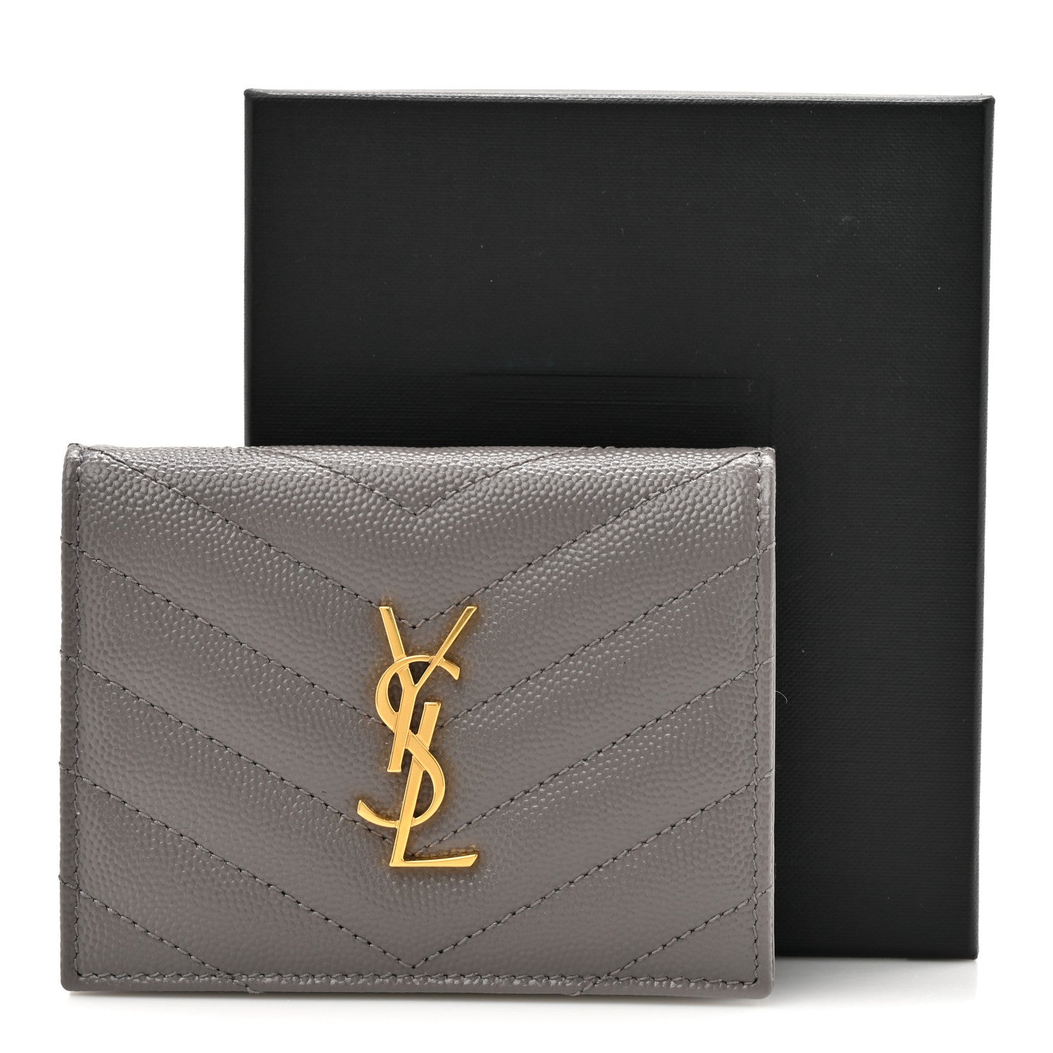 Saint Laurent Grain De Poudre Matelasse Chevron Monogram Flap Card Case Fog 9 of 9