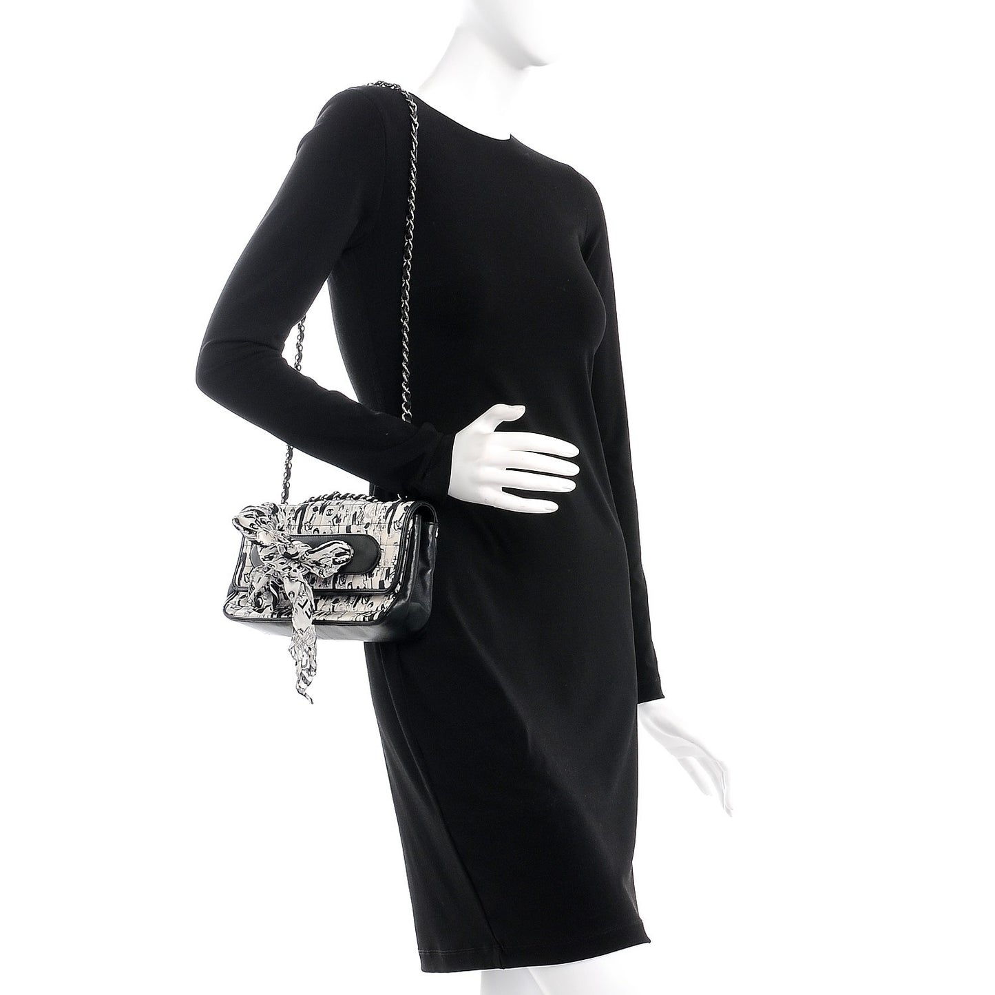 Silk Lambskin Coco Mademoiselle Scarf Flap Bag White Black