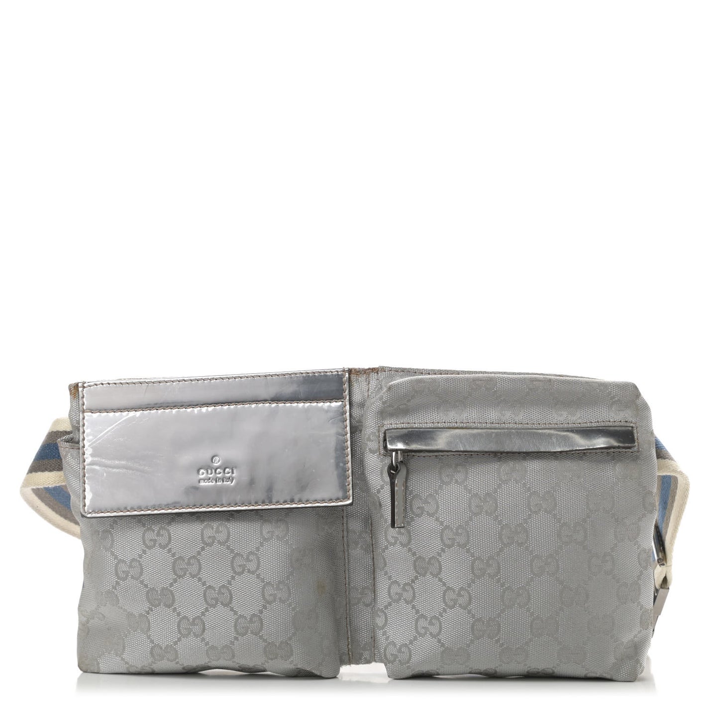 GG Monogram Web Double Pocket Belt Bag Silver