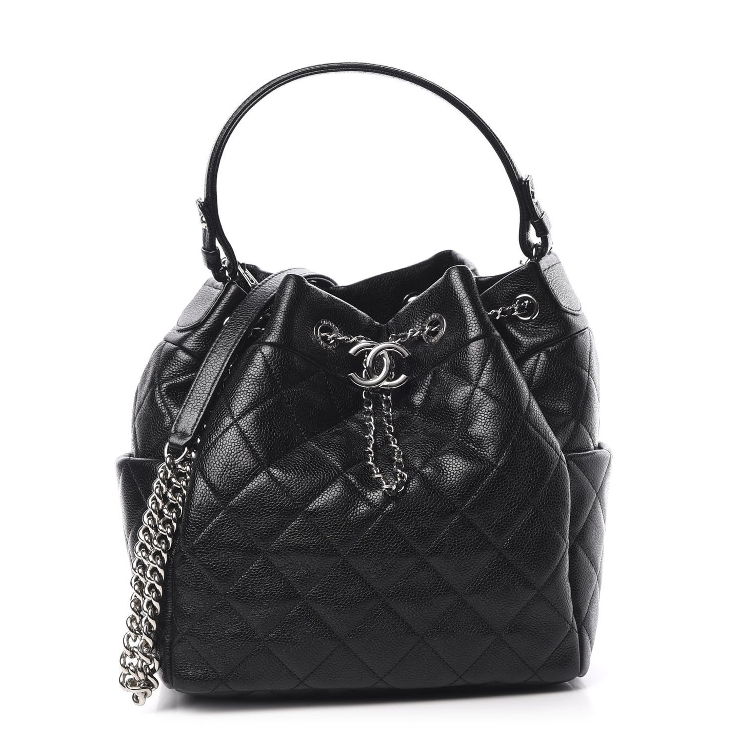 Grained Calfskin Quilted Medium CC Chain Bucket Drawstring Bag Black