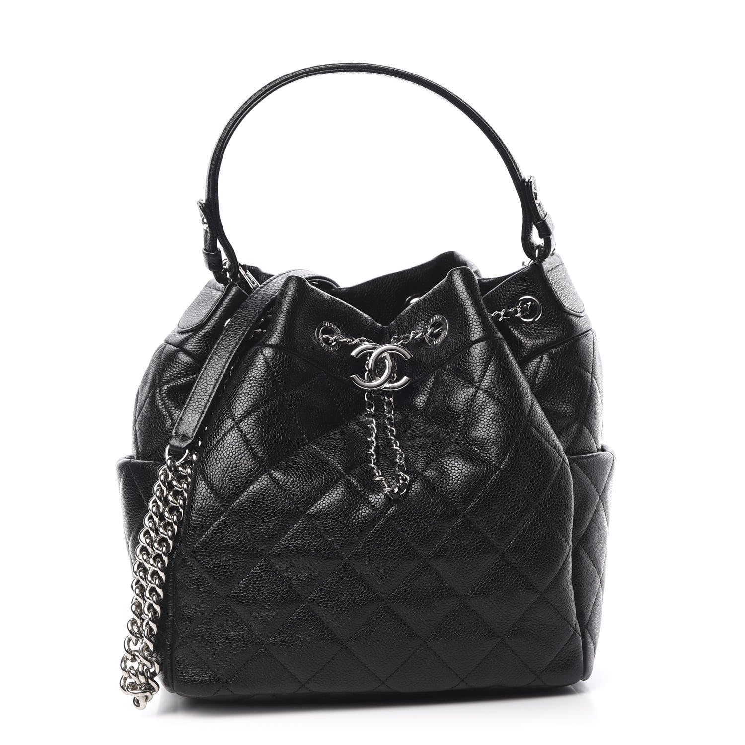 Chanel Grained Calfskin Quilted Medium CC Chain Bucket Drawstring Bag Black 1 of 13