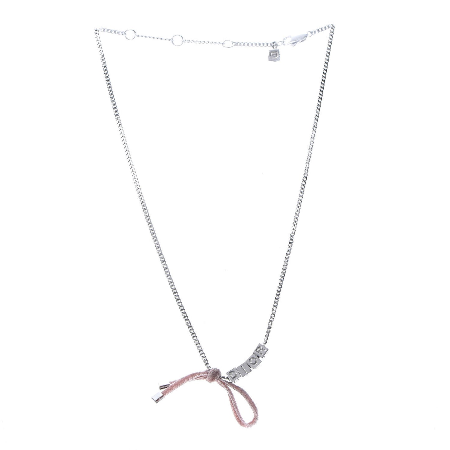 Velvet Bow Block Letter Necklace Silver Pink